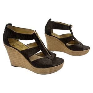 Michael Kors MK Damita Logo Platform Espadrille Wedge Sandals Brown Size 8.5